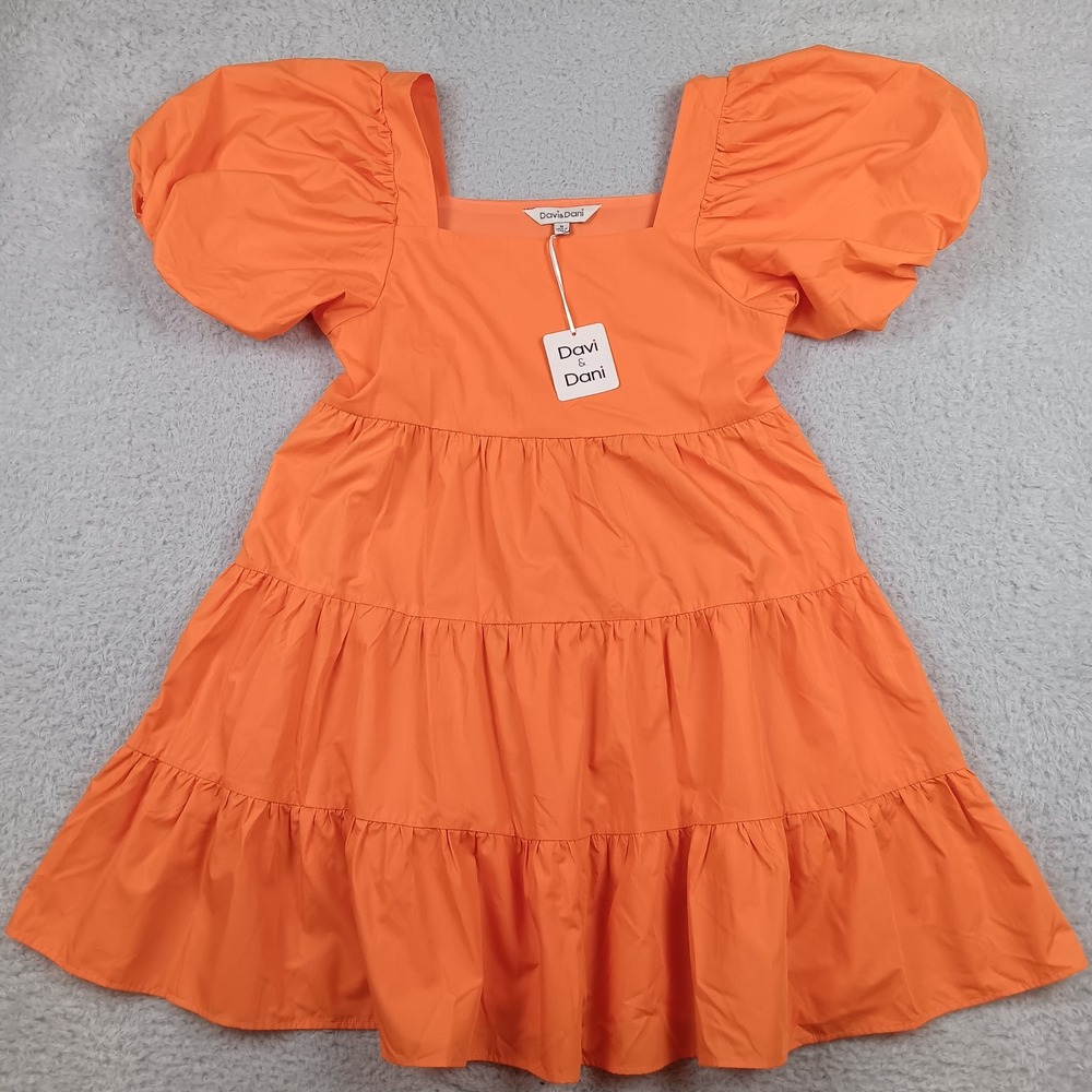 Davi & Dani Dress Tangerine Puff Sleeve Women M Orange Tiered Babydoll NWT